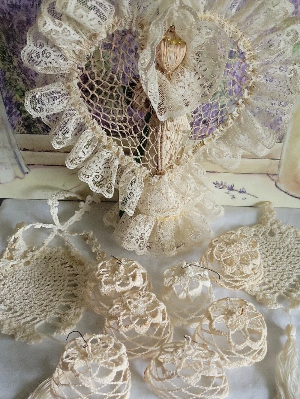 Handmade Corn Husk Angel Figurine & Crochet Lace Ornaments Doilies Lot